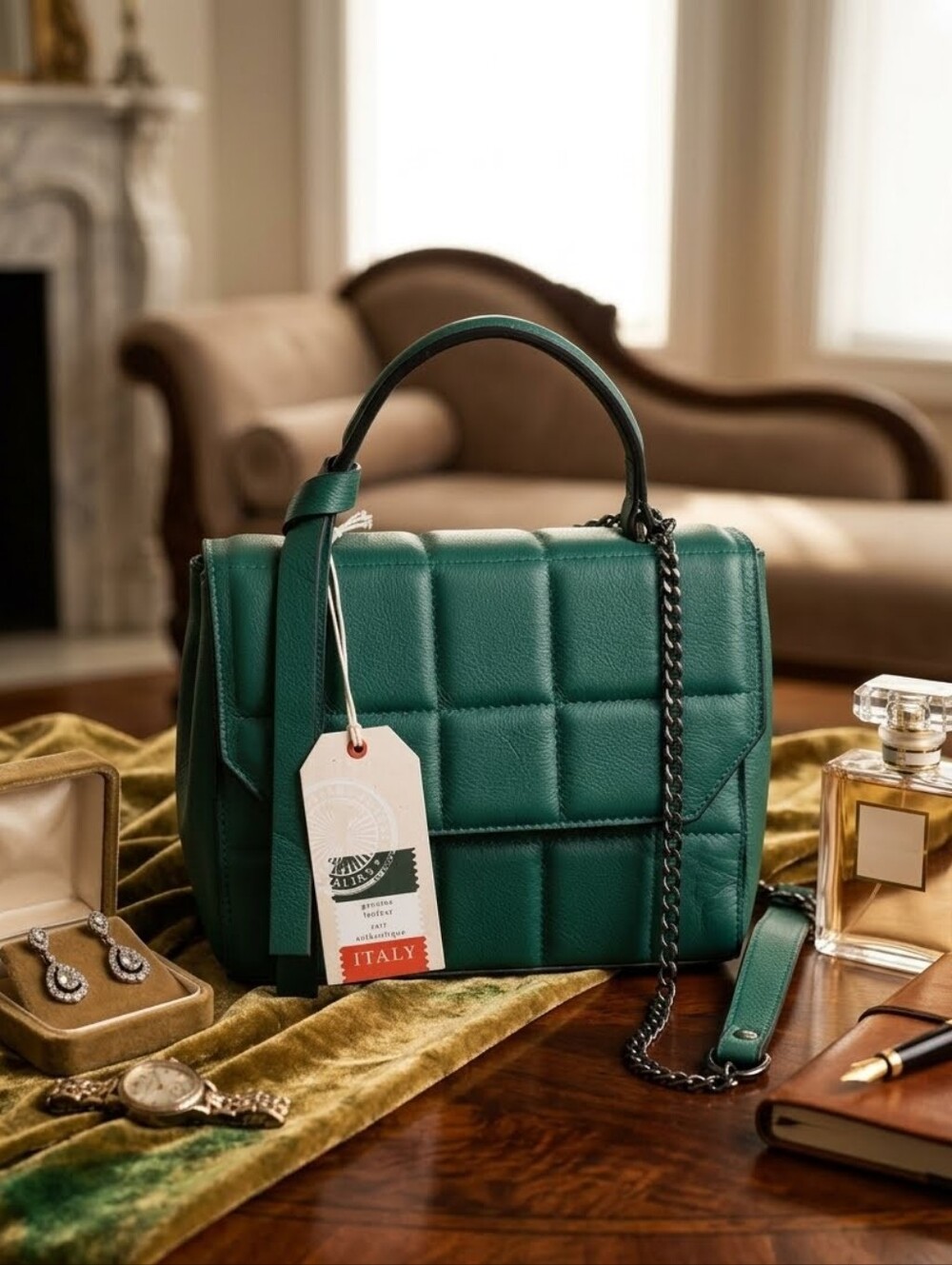 Genuine Italian Leather Quilted Top Handle Crossbody Bag Green